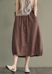 Women Khaki Linen Elastic Waist Button Skirt - SooLinen