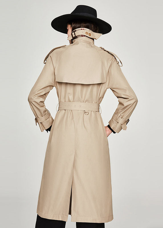 Women Khaki Notched Collar Side Open Cotton Double Breasted Trench Spring