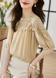 Women Khaki O Neck Lace Patchwork Cotton Top Lantern Sleeve