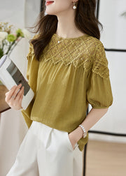 Women Khaki O Neck Lace Patchwork Cotton Top Lantern Sleeve