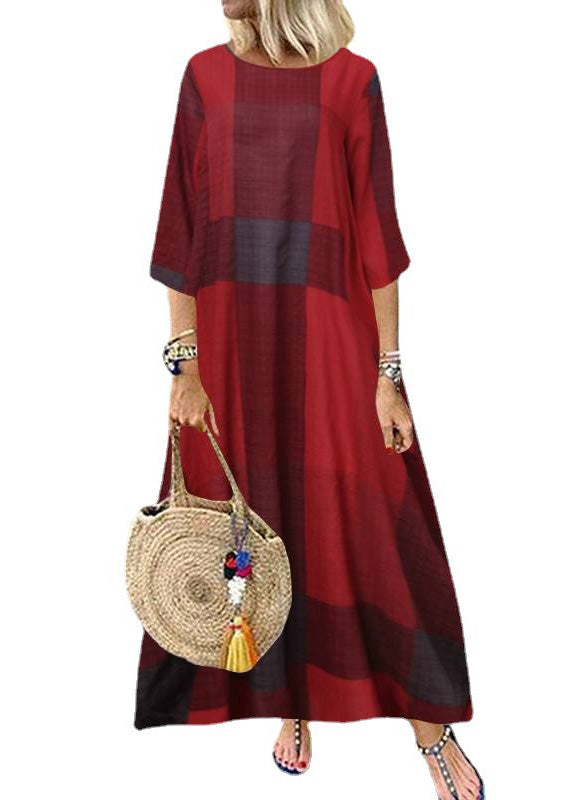 Women Khaki O-Neck Plaid Maxi Dresses Half Sleeve