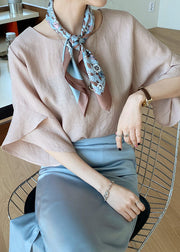 Women Khaki O-Neck Slim Fit Linen Shirt Top Butterfly Sleeve