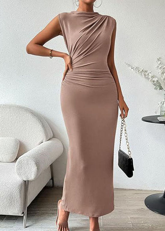 Women Khaki O Neck Wrinkled Cotton Long Dresses Sleeveless