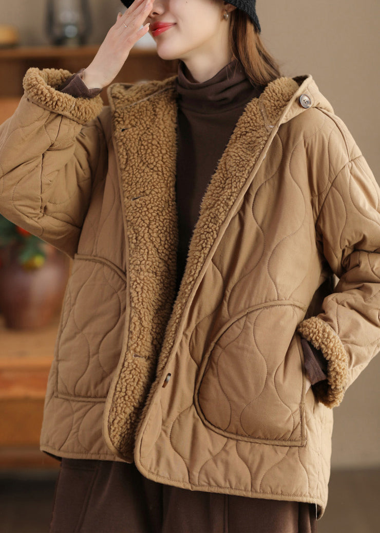 Women Khaki Oversized Fleece Wool Lined Hooded Jacket Spring