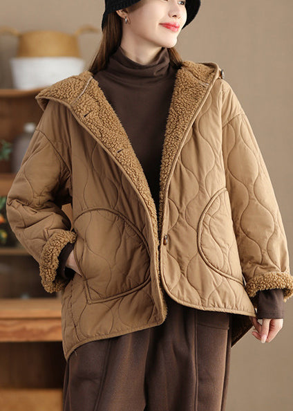 Women Khaki Oversized Fleece Wool Lined Hooded Jacket Spring