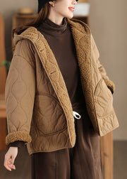 Women Khaki Oversized Fleece Wool Lined Hooded Jacket Spring