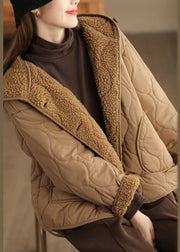 Women Khaki Oversized Fleece Wool Lined Hooded Jacket Spring