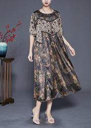 Women Khaki Oversized Patchwork Print Silk Dress Summer