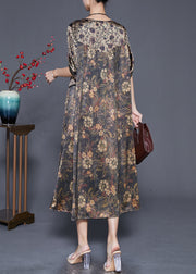 Women Khaki Oversized Patchwork Print Silk Dress Summer