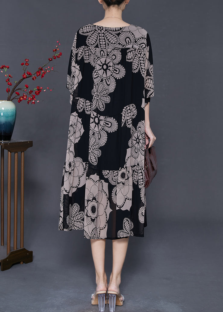 Women Khaki Oversized Print Chiffon Dresses Fall