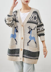 Women Khaki Oversized Print Knit Cardigans Winter