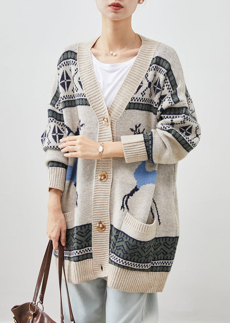 Women Khaki Oversized Print Knit Cardigans Winter