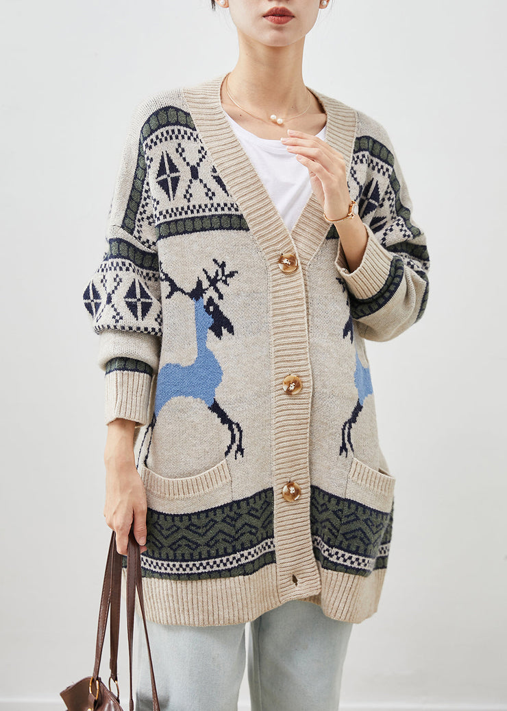 Women Khaki Oversized Print Knit Cardigans Winter