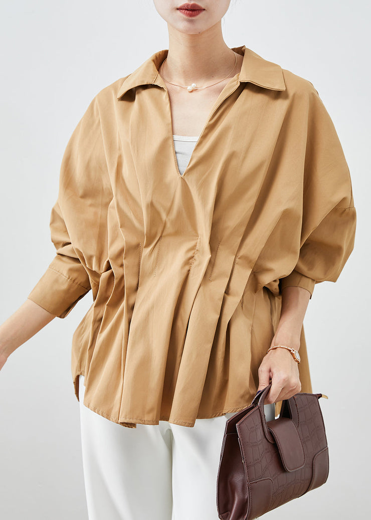 Women Khaki Oversized Wrinkled Cotton Shirts Batwing Sleeve