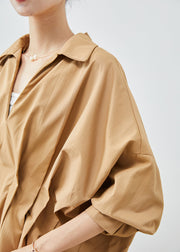 Women Khaki Oversized Wrinkled Cotton Shirts Batwing Sleeve