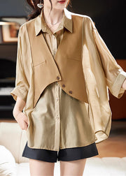 Women Khaki Peter Pan Collar Patchwork Button Shirts Half Sleeve