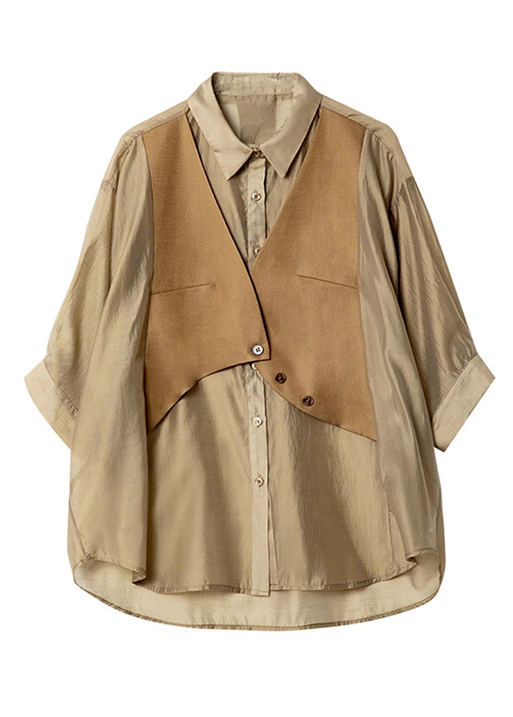 Women Khaki Peter Pan Collar Patchwork Button Shirts Half Sleeve