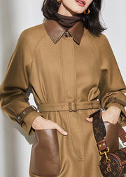 Women Khaki Peter Pan Collar Pockets Patchwork Button Wool Trench Coat Spring