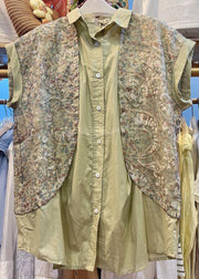 Women Khaki Peter Pan Collar Print Patchwork Cotton Shirt Top Summer