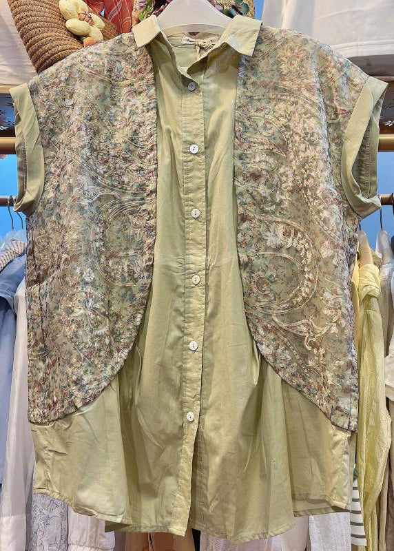 Women Khaki Peter Pan Collar Print Patchwork Cotton Shirt Top Summer