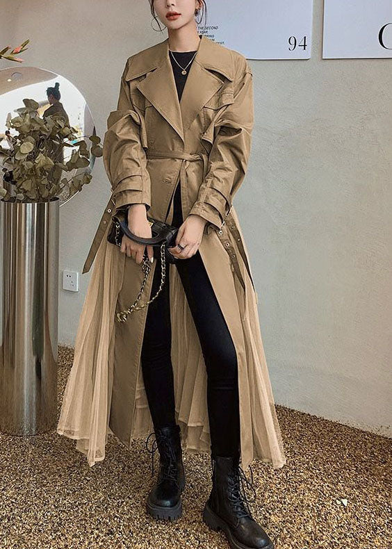 Women Khaki Peter Pan Collar Tulle Patchwork Cotton Trench Long Sleeve