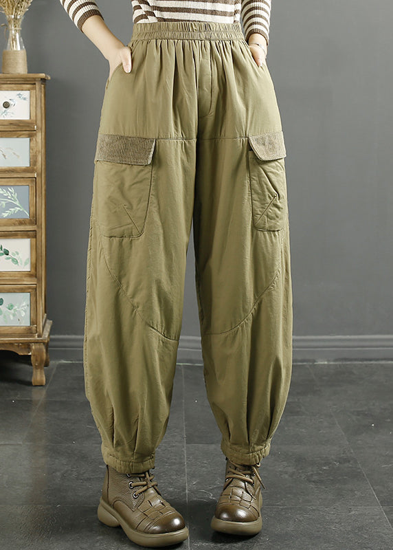 Women Khaki Pockets Elastic Waist Fine Cotton Filled Pants Winter