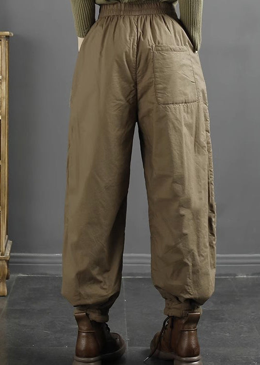 Women Khaki Pockets Elastic Waist Fine Cotton Filled Pants Winter