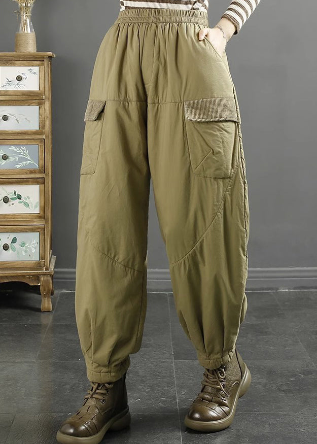 Women Khaki Pockets Elastic Waist Fine Cotton Filled Pants Winter