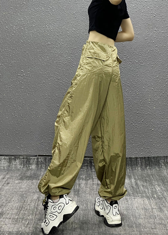 Women Khaki Pockets Patchwork Drawstring Beam Pants Summer