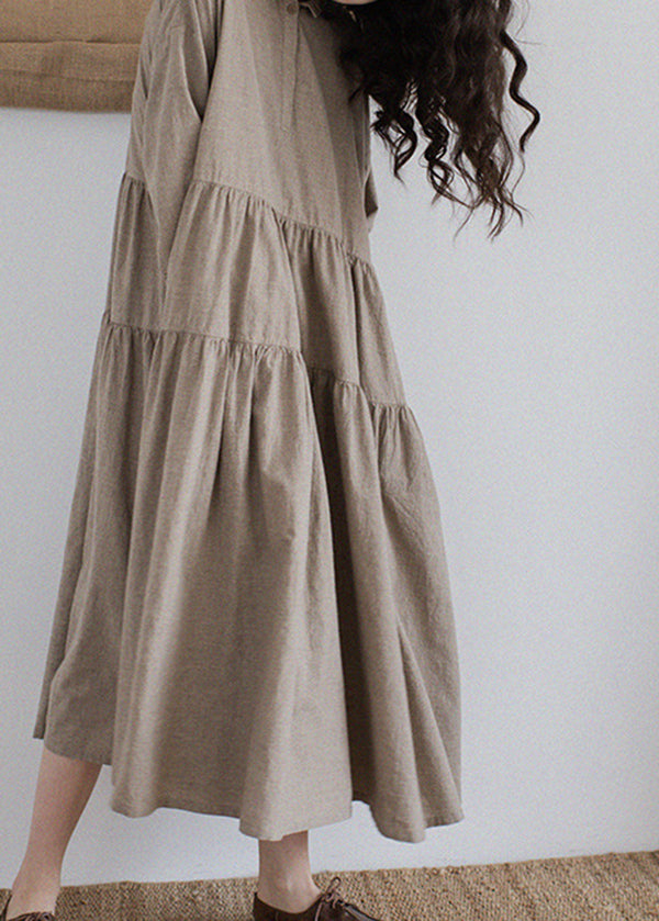 Women Khaki Pockets Wrinkled Patchwork Linen Dresses Fall