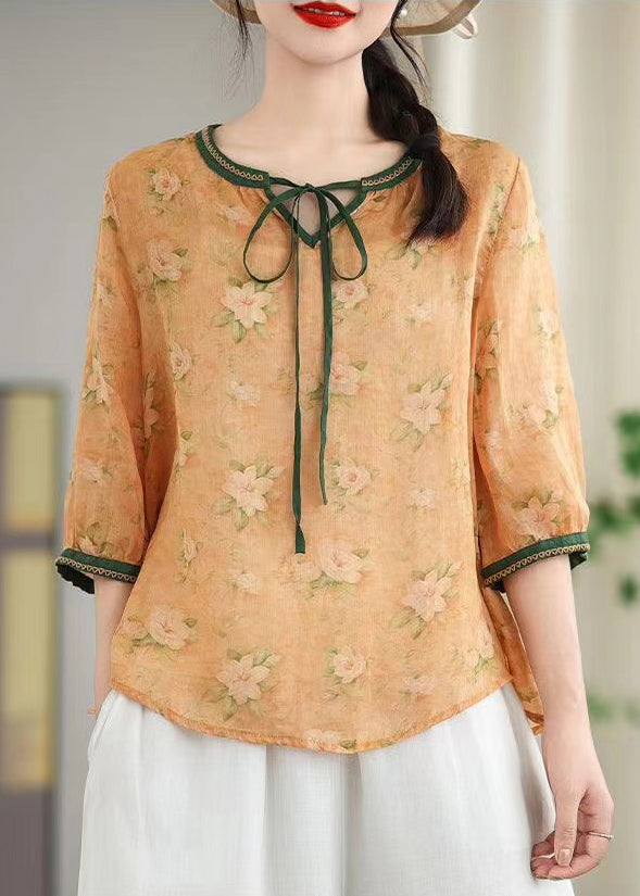 Women Khaki Print Lace Up Linen Blouses Spring