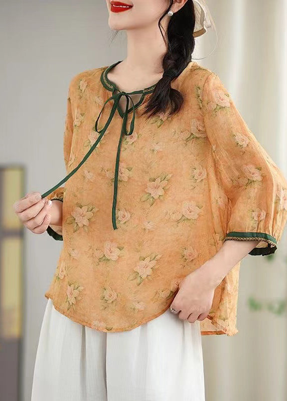 Women Khaki Print Lace Up Linen Blouses Spring