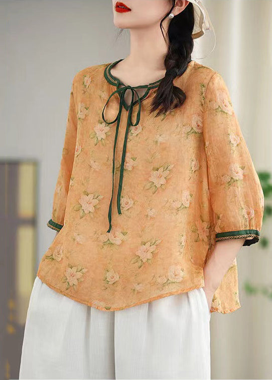 Women Khaki Print Lace Up Linen Blouses Spring