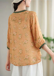 Women Khaki Print Lace Up Linen Blouses Spring