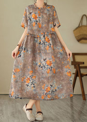 Women Khaki Ruffled Print Patchwork Cotton Dresses Summer