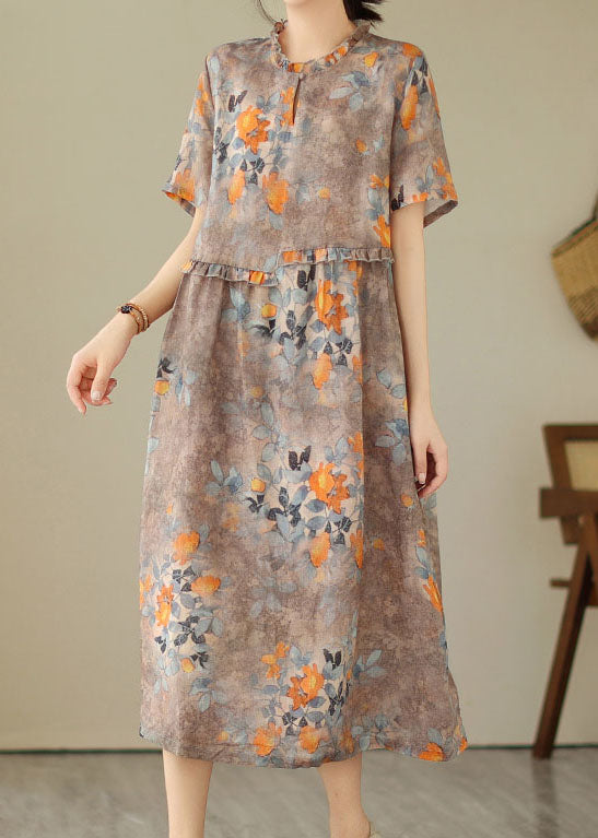 Women Khaki Ruffled Print Patchwork Cotton Dresses Summer