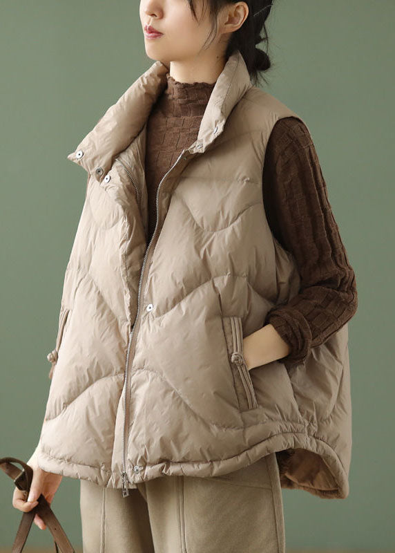 Women Khaki Stand Collar Oversized Duck Down Puffer Vests Winter