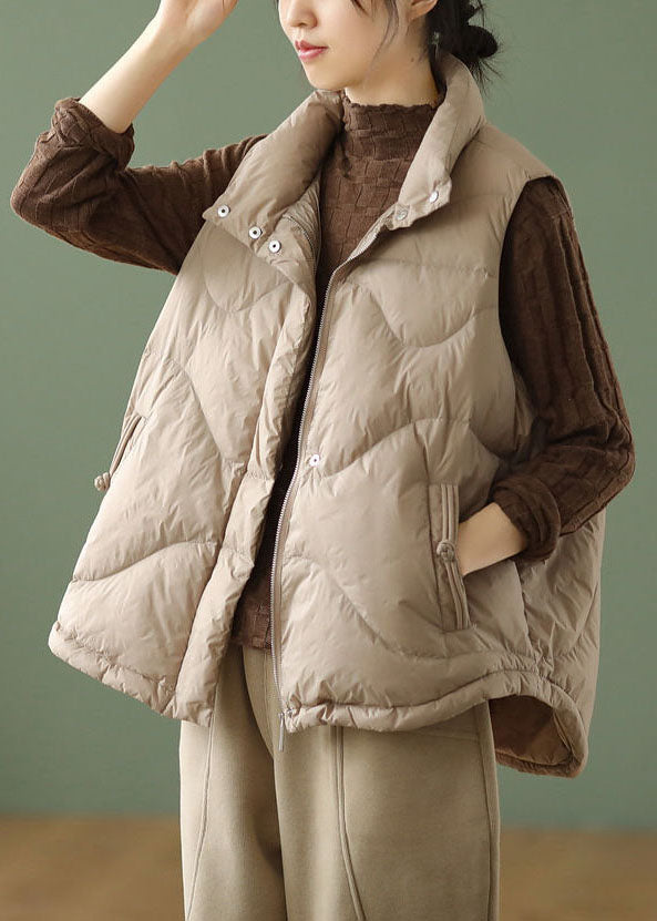 Women Khaki Stand Collar Oversized Duck Down Puffer Vests Winter