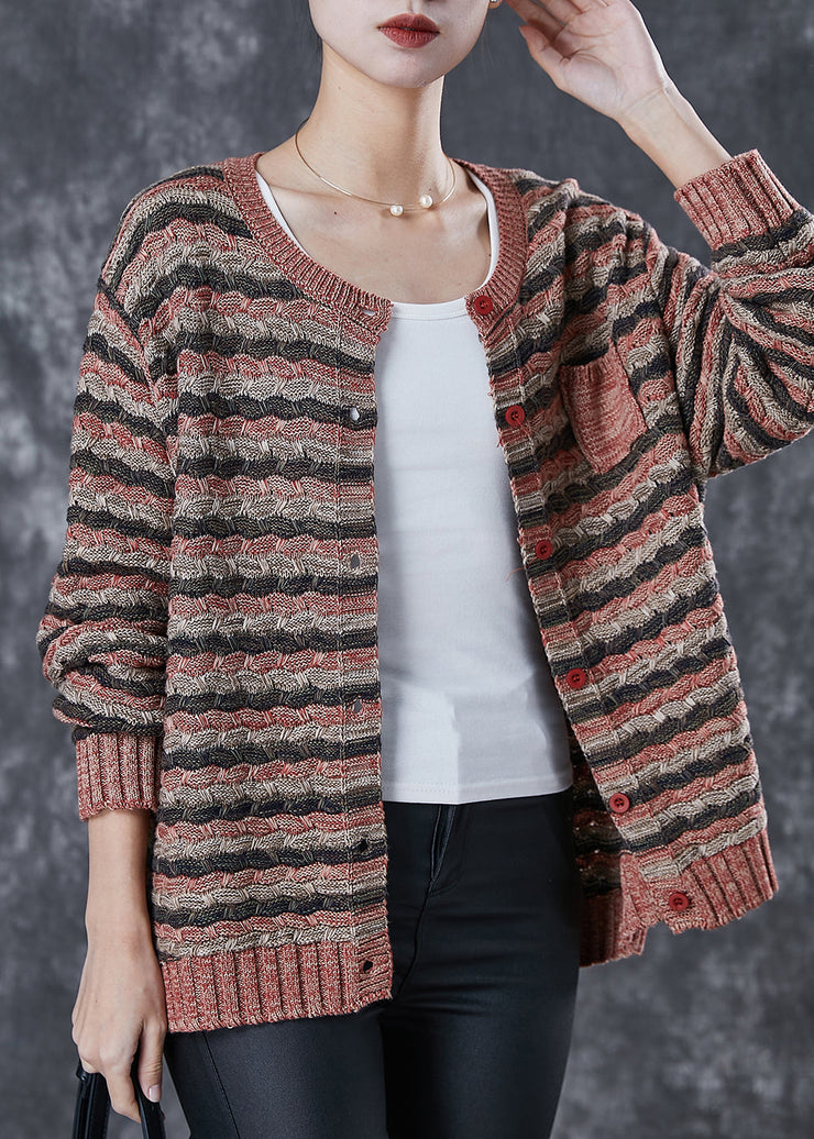 Women Khaki Striped Thick Knit Cardigans Spring