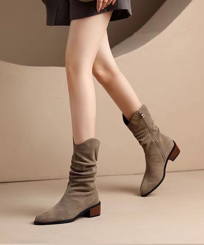 Women Khaki Suede Splicing Chunky Boots