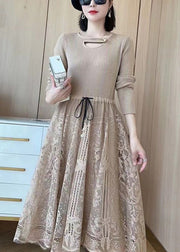 Women Khaki Tie Waist Lace Patchwork Dresses Spring