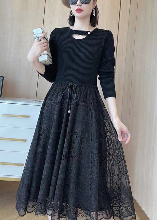 Women Khaki Tie Waist Lace Patchwork Dresses Spring