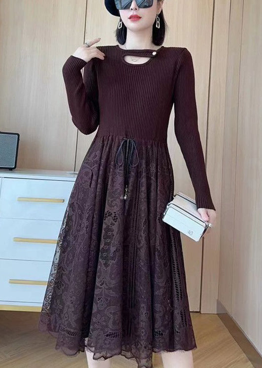 Women Khaki Tie Waist Lace Patchwork Dresses Spring