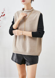 Women Khaki Turtle Neck Thick Wool Knit Vests Winter