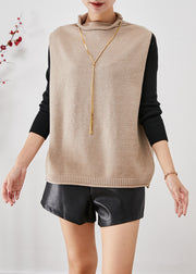 Women Khaki Turtle Neck Thick Wool Knit Vests Winter