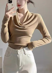 Women Khaki Turtle Neck Woolen Knit Top Spring