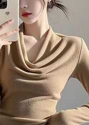 Women Khaki Turtle Neck Woolen Knit Top Spring