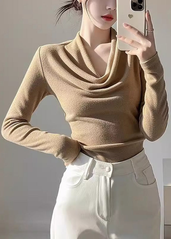 Women Khaki Turtle Neck Woolen Knit Top Spring