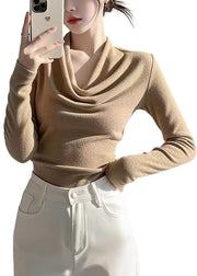 Women Khaki Turtle Neck Woolen Knit Top Spring