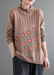 Women Khaki Turtleneck Print Patchwork Knitted Cotton Sweaters Fall